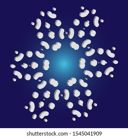 Isolated falling snowflake on blue background. Vector illustration - overlay. Clean concept with expressive forms and colors. White abstract paper craft 3d ornament for banners, greeting cards.