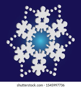 Isolated falling snowflake on blue background. Vector illustration - icon. Colorful concept with expressive forms and colors. White abstract paper craft 3d ornament for banners, greeting cards.