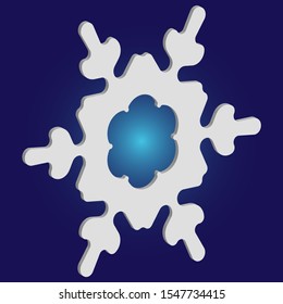 Isolated falling snowflake on blue background. Clean concept with expressive forms and colors. Vector illustration - texture. White abstract paper craft 3d ornament for banners, greeting cards.