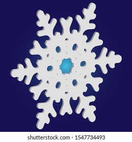 Isolated falling snowflake on blue background. Original concept with expressive forms and colors. Vector illustration - wallpaper. White abstract paper craft 3d ornament for banners, greeting cards.