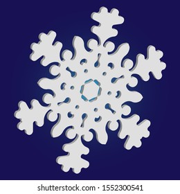 Isolated falling snowflake on blue background. Minimal concept with expressive forms and colors. Vector illustration - art. White abstract paper craft 3d ornament for banners, greeting cards.