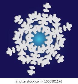 Isolated falling snowflake on blue background. Clean concept with expressive forms and colors. Vector illustration - frame. White abstract paper craft 3d ornament for banners, greeting cards.