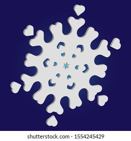 Isolated falling snowflake on blue background. Original concept with expressive forms and colors. Vector illustration - texture. White abstract paper craft 3d ornament for banners, greeting cards.