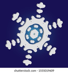 Isolated falling snowflake on blue background. Cool concept with expressive forms and colors. Vector illustration - poster. White abstract paper craft 3d ornament for banners, greeting cards.