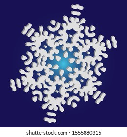 Isolated falling snowflake on blue background. Geometric concept with expressive forms and colors. Vector illustration - frame. White abstract paper craft 3d ornament for banners, greeting cards.