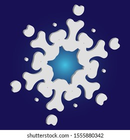 Isolated falling snowflake on blue background. Vector illustration - wallpaper. Creative concept with expressive forms and colors. White abstract paper craft 3d ornament for banners, greeting cards.