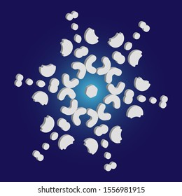 Isolated falling snowflake on blue background. Vector illustration - frame. Abstract concept with expressive forms and colors. White abstract paper craft 3d ornament for banners, greeting cards.