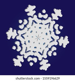 Isolated falling snowflake on blue background. Vector illustration - decoration. Geometric concept with expressive forms and colors. White abstract paper craft 3d ornament for banners, greeting cards.