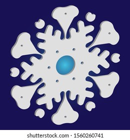 Isolated falling snowflake on blue background. Vector illustration - decoration. Colorful concept with expressive forms and colors. White abstract paper craft 3d ornament for banners, greeting cards.