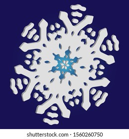 Isolated falling snowflake on blue background. Original concept with expressive forms and colors. Vector illustration - decoration. White abstract paper craft 3d ornament for banners, greeting cards.