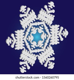 Isolated falling snowflake on blue background. Abstract concept with expressive forms and colors. Vector illustration - decoration. White abstract paper craft 3d ornament for banners, greeting cards.