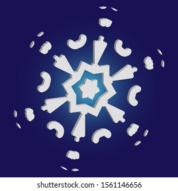 Isolated falling snowflake on blue background. Creative concept with expressive forms and colors. Vector illustration - template. White abstract paper craft 3d ornament for banners, greeting cards.