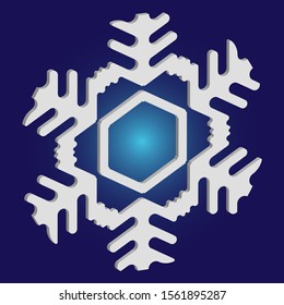 Isolated falling snowflake on blue background. Clean concept with expressive forms and colors. Vector illustration - texture. White abstract paper craft 3d ornament for banners, greeting cards.
