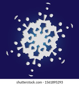Isolated falling snowflake on blue background. Vector illustration - postcard. Cool concept with expressive forms and colors. White abstract paper craft 3d ornament for banners, greeting cards.