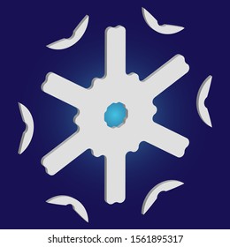 Isolated falling snowflake on blue background. Abstract concept with expressive forms and colors. Vector illustration - decoration. White abstract paper craft 3d ornament for banners, greeting cards.