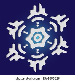 Isolated falling snowflake on blue background. Vector illustration - decoration. Minimal concept with expressive forms and colors. White abstract paper craft 3d ornament for banners, greeting cards.