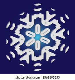 Isolated falling snowflake on blue background. Original concept with expressive forms and colors. Vector illustration - art. White abstract paper craft 3d ornament for banners, greeting cards.