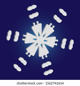 Isolated falling snowflake on blue background. Creative concept with expressive forms and colors. Vector illustration - texture. White abstract paper craft 3d ornament for banners, greeting cards.