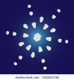 Isolated falling snowflake on blue background. Creative concept with expressive forms and colors. Vector illustration - pattern. White abstract paper craft 3d ornament for banners, greeting cards.