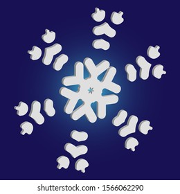 Isolated falling snowflake on blue background. Original concept with expressive forms and colors. Vector illustration - decoration. White abstract paper craft 3d ornament for banners, greeting cards.
