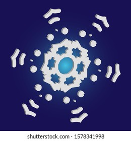 Isolated falling snowflake on blue background. Creative concept with expressive forms and colors. Vector illustration - overlay. White abstract paper craft 3d ornament for banners, greeting cards.