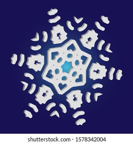 Isolated falling snowflake on blue background. Vector illustration - overlay. Cool concept with expressive forms and colors. White abstract paper craft 3d ornament for banners, greeting cards.