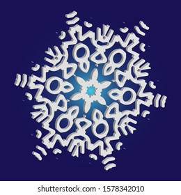 Isolated falling snowflake on blue background. Vector illustration - icon. Minimal concept with expressive forms and colors. White abstract paper craft 3d ornament for banners, greeting cards.
