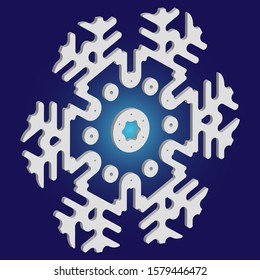 Isolated falling snowflake on blue background. Colorful concept with expressive forms and colors. Vector illustration - wallpaper. White abstract paper craft 3d ornament for banners, greeting cards.