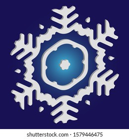 Isolated falling snowflake on blue background. Vector illustration - graphics. Minimal concept with expressive forms and colors. White abstract paper craft 3d ornament for banners, greeting cards.