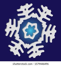 Isolated falling snowflake on blue background. Magic concept with expressive forms and colors. Vector illustration - postcard. White abstract paper craft 3d ornament for banners, greeting cards.