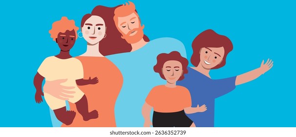 Isolated Family with adopted children as happy adoption concept, flat vector stock illustration with mom, dad and kids