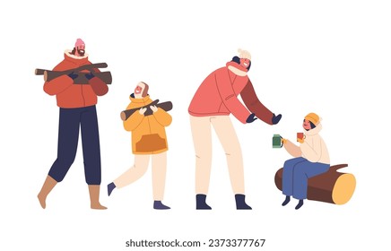Isolated Family Characters at Winter Camping. Father and Son Collecting Brushwood, Mother and Daughter Sitting on Log