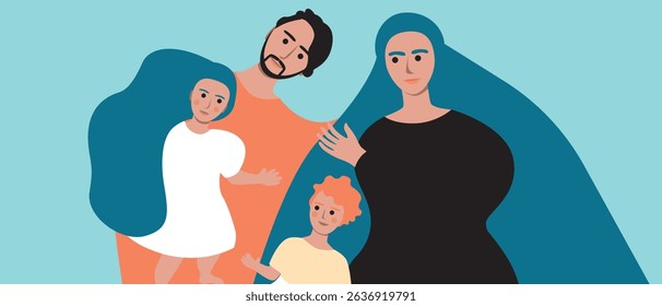 Isolated Family as concept of Authentic Family, unity, happiness, flat vector stock illustration with mom, dad, daughter and son