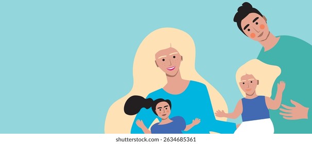 Isolated Family with cute baby girls, flat vector stock illustration with mom, dad and childhood as copy space template