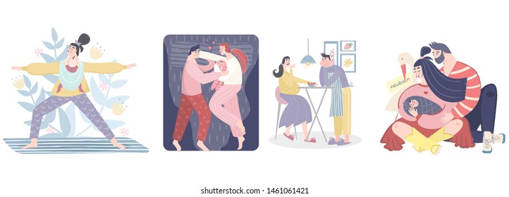 Isolated family life scenes: fater, mother, child, pregnant woman. Family planning, maternity, breastfeeding vector concept. Health care, postpartum depression, mental health and parenthood.