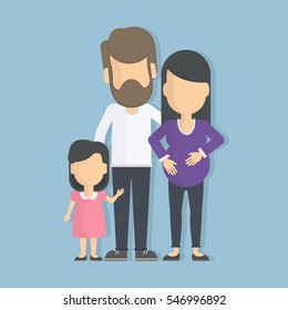 Isolated family with pregnant woman. People without faces. Dad, mother and daughter. Happy relationships.