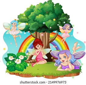 Isolated fantastic forests with beautiful fairies illustration