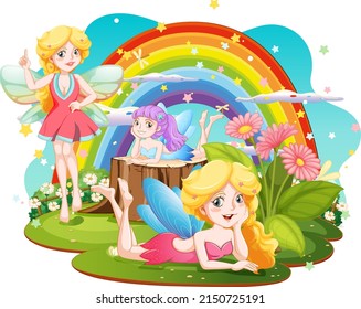 Isolated fantastic forests with beautiful fairies illustration