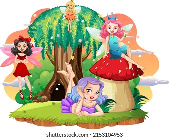 Isolated fantastic forests with beautiful fairies illustration