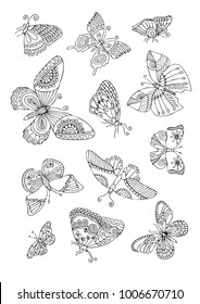 Isolated fantasy decorative butterflies. Hand drawn picture. Sketch for anti-stress adult coloring book in zen-tangle style. Vector illustration for coloring page.