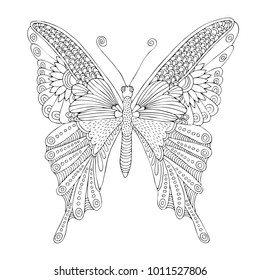 Isolated fantasy decorative butterfly. Hand drawn picture. Sketch for anti-stress adult coloring book in zen-tangle style. Vector illustration for coloring page.