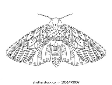 Isolated fantasy decorative moth. Hand drawn butterfly. Sketch for anti-stress adult coloring book in zen-tangle style. Vector illustration for coloring page.
