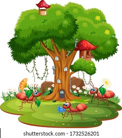 Isolated fantasy house and working ants illustration