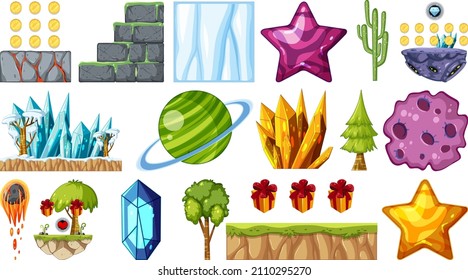 Fantasía aislada objetos de juego espacial y elementos componen la ilustración