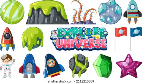 Isolated fantasy space game objects and elements set illustration