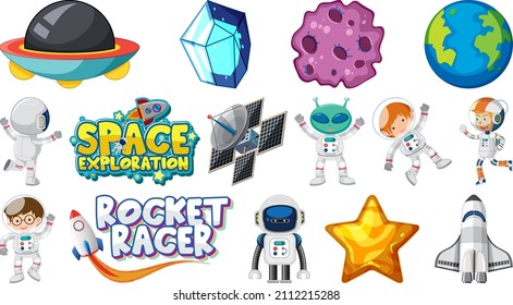 Isolated fantasy space game objects and elements set illustration