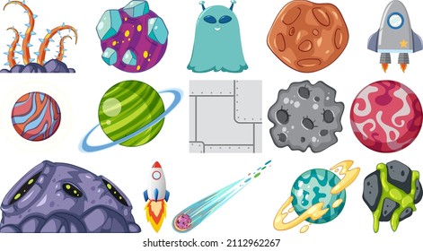 Isolated fantasy space game objects and elements set illustration