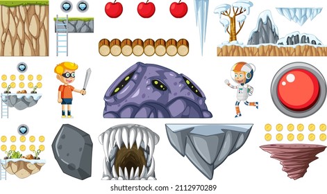 Isolated fantasy space game objects and elements set illustration