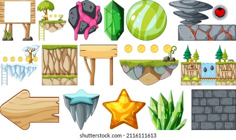 Isolated fantasy space game objects and elements set illustration