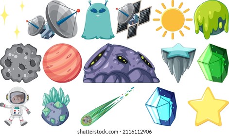 Isolated fantasy space game objects and elements set illustration